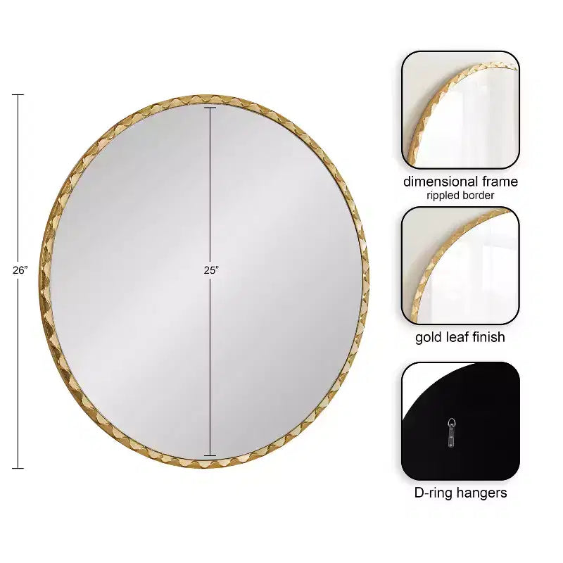 Miroir mural décoratif rond doré 26" avec bord ondulé