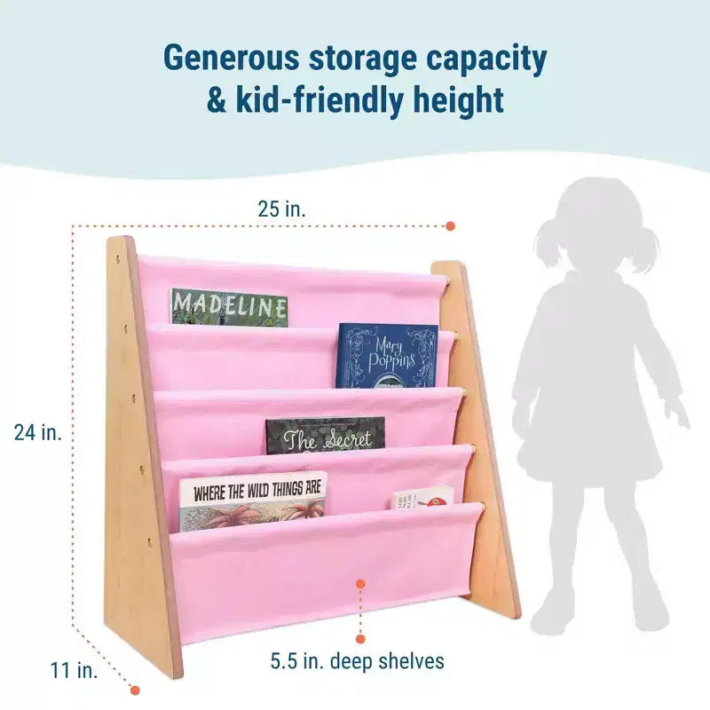 Étagère à Livres Suspendue pour Enfants en Cuir Vegan – 4 Niveaux, Bois Naturel et Rose Clair