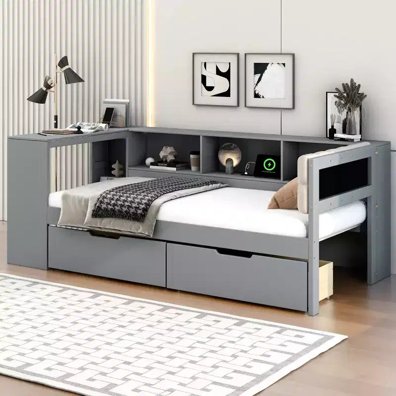 Lit plateforme double/grand avec étagères de rangement, tiroirs, station de recharge, tête de lit rembourrée et bureau – Crème/Gris