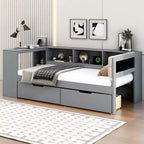 Lit plateforme double/grand avec étagères de rangement, tiroirs, station de recharge, tête de lit rembourrée et bureau – Crème/Gris