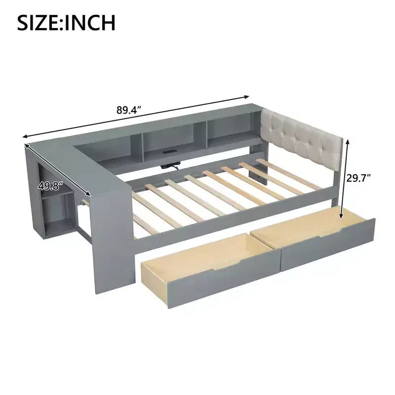 Lit plateforme double/grand avec étagères de rangement, tiroirs, station de recharge, tête de lit rembourrée et bureau – Crème/Gris