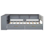 Lit plateforme double/grand avec étagères de rangement, tiroirs, station de recharge, tête de lit rembourrée et bureau – Crème/Gris