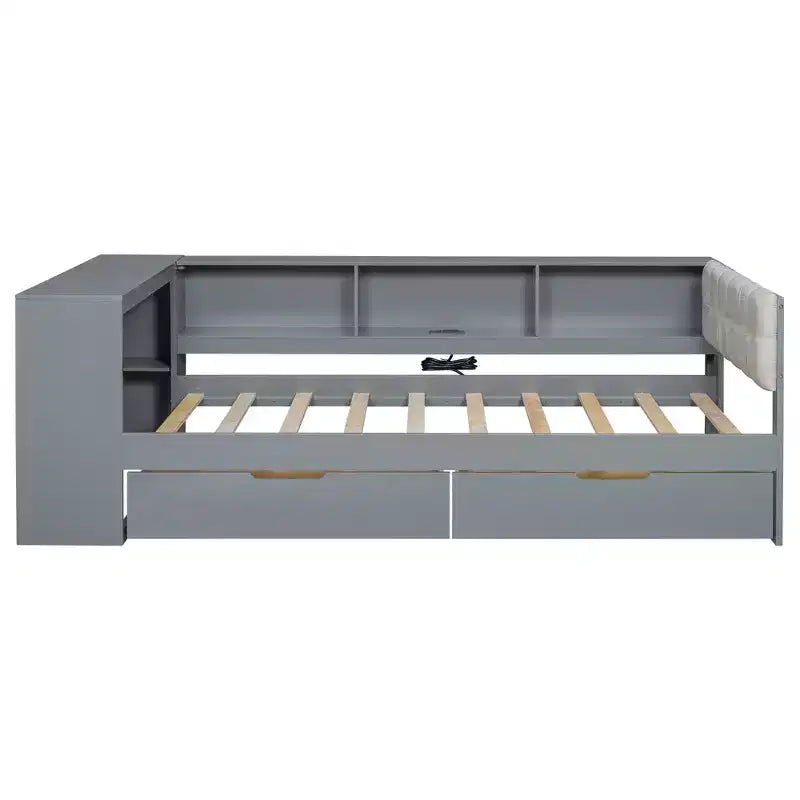 Lit plateforme double/grand avec étagères de rangement, tiroirs, station de recharge, tête de lit rembourrée et bureau – Crème/Gris