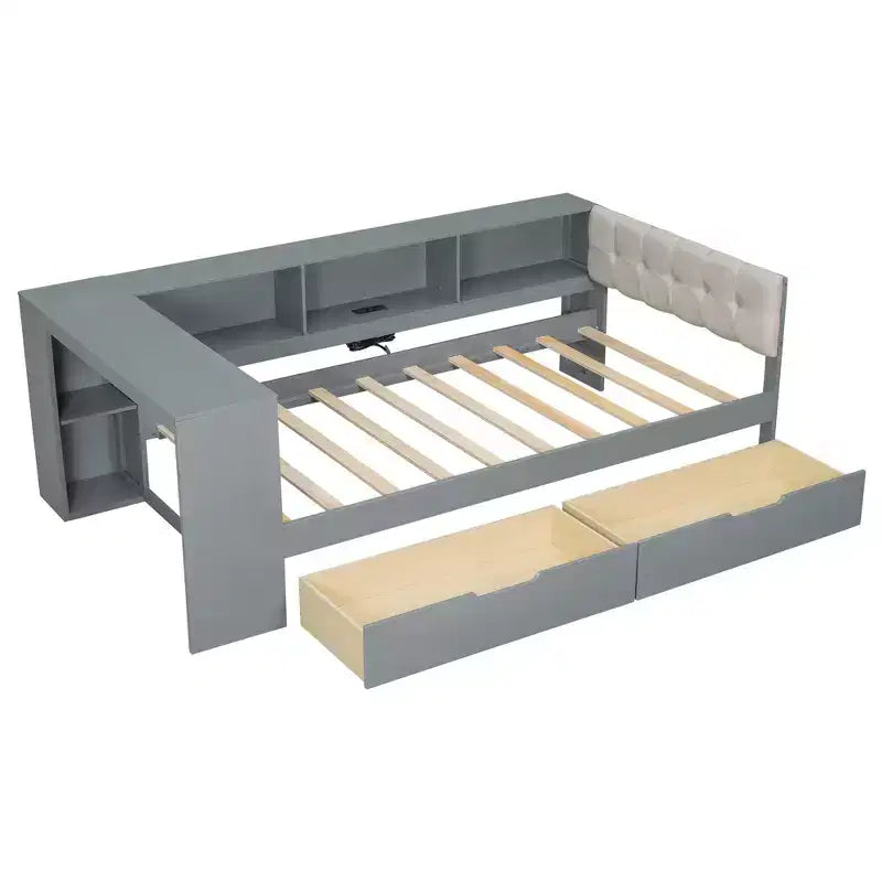 Lit plateforme double/grand avec étagères de rangement, tiroirs, station de recharge, tête de lit rembourrée et bureau – Crème/Gris