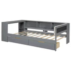 Lit plateforme double/grand avec étagères de rangement, tiroirs, station de recharge, tête de lit rembourrée et bureau – Crème/Gris