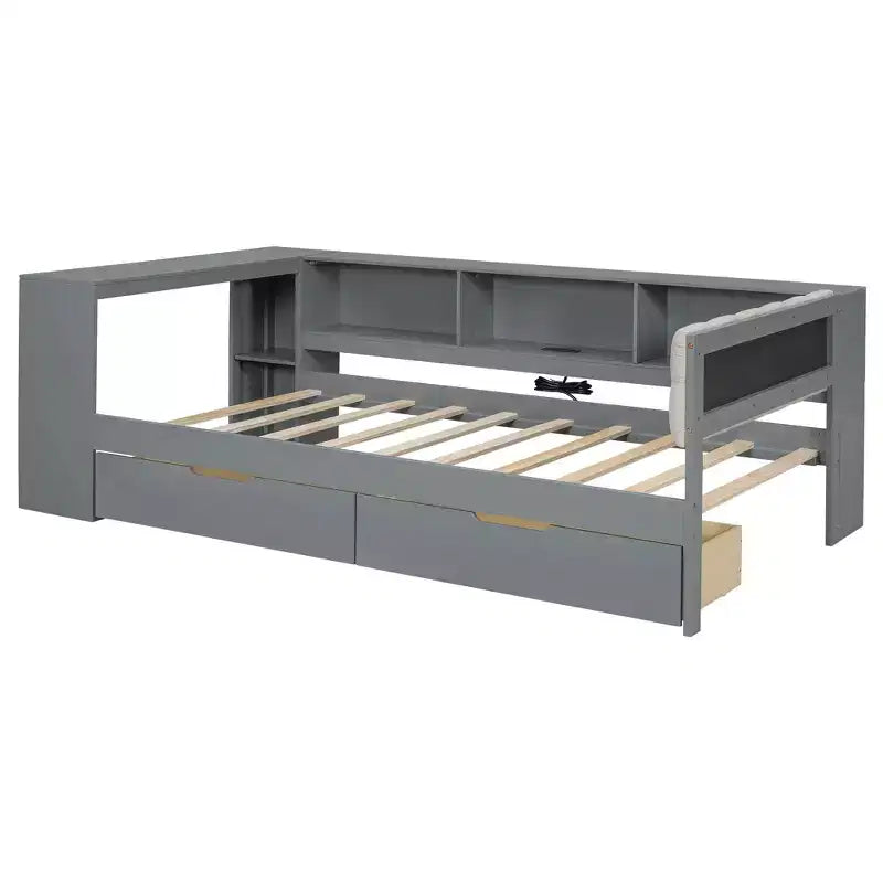 Lit plateforme double/grand avec étagères de rangement, tiroirs, station de recharge, tête de lit rembourrée et bureau – Crème/Gris
