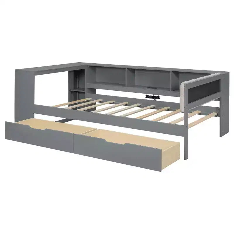 Lit plateforme double/grand avec étagères de rangement, tiroirs, station de recharge, tête de lit rembourrée et bureau – Crème/Gris