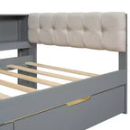 Lit plateforme double/grand avec étagères de rangement, tiroirs, station de recharge, tête de lit rembourrée et bureau – Crème/Gris