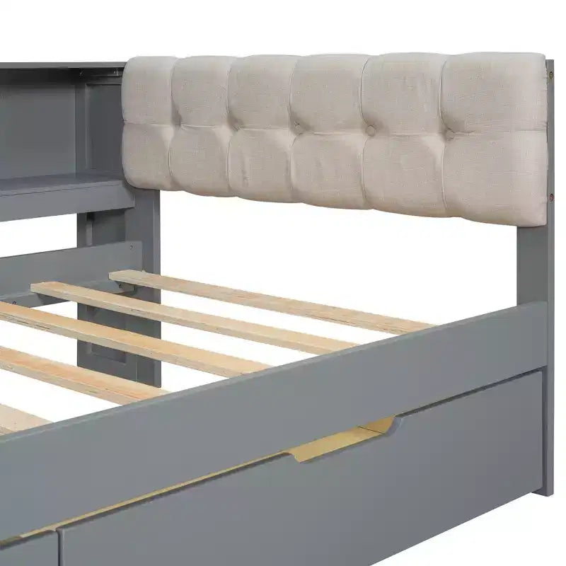Lit plateforme double/grand avec étagères de rangement, tiroirs, station de recharge, tête de lit rembourrée et bureau – Crème/Gris