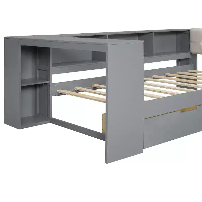 Lit plateforme double/grand avec étagères de rangement, tiroirs, station de recharge, tête de lit rembourrée et bureau – Crème/Gris