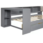 Lit plateforme double/grand avec étagères de rangement, tiroirs, station de recharge, tête de lit rembourrée et bureau – Crème/Gris