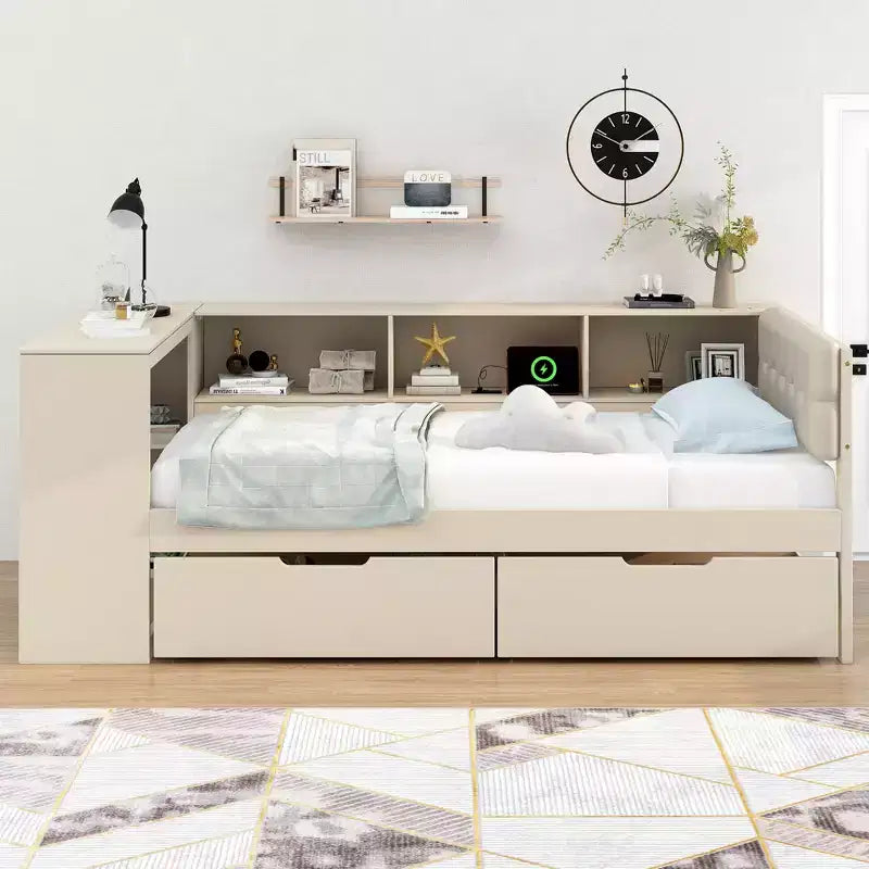 Lit plateforme double/grand avec étagères de rangement, tiroirs, station de recharge, tête de lit rembourrée et bureau – Crème/Gris