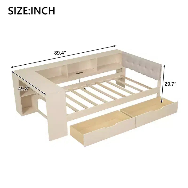 Lit plateforme double/grand avec étagères de rangement, tiroirs, station de recharge, tête de lit rembourrée et bureau – Crème/Gris