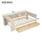 Lit plateforme double/grand avec étagères de rangement, tiroirs, station de recharge, tête de lit rembourrée et bureau – Crème/Gris
