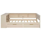 Lit plateforme double/grand avec étagères de rangement, tiroirs, station de recharge, tête de lit rembourrée et bureau – Crème/Gris