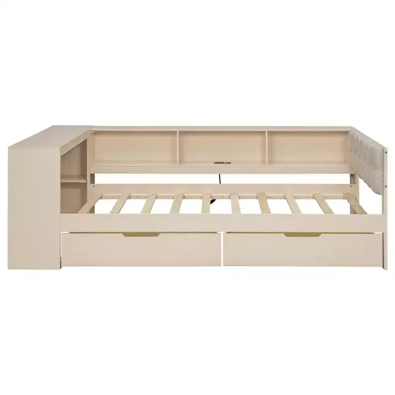 Lit plateforme double/grand avec étagères de rangement, tiroirs, station de recharge, tête de lit rembourrée et bureau – Crème/Gris