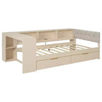 Lit plateforme double/grand avec étagères de rangement, tiroirs, station de recharge, tête de lit rembourrée et bureau – Crème/Gris