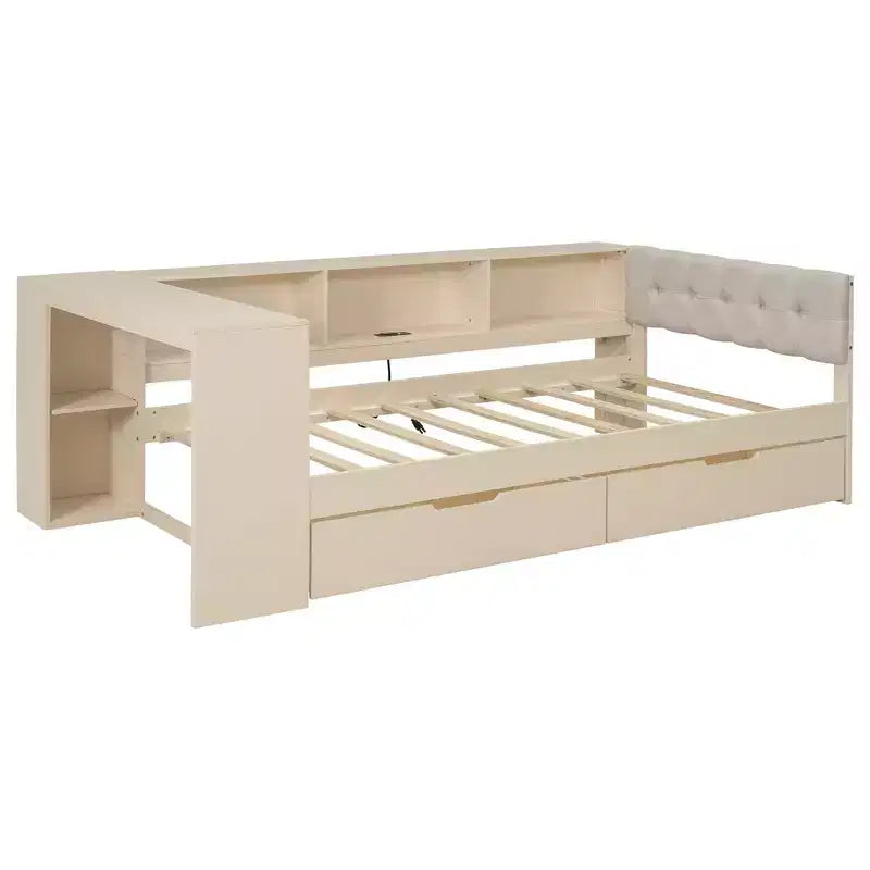 Lit plateforme double/grand avec étagères de rangement, tiroirs, station de recharge, tête de lit rembourrée et bureau – Crème/Gris