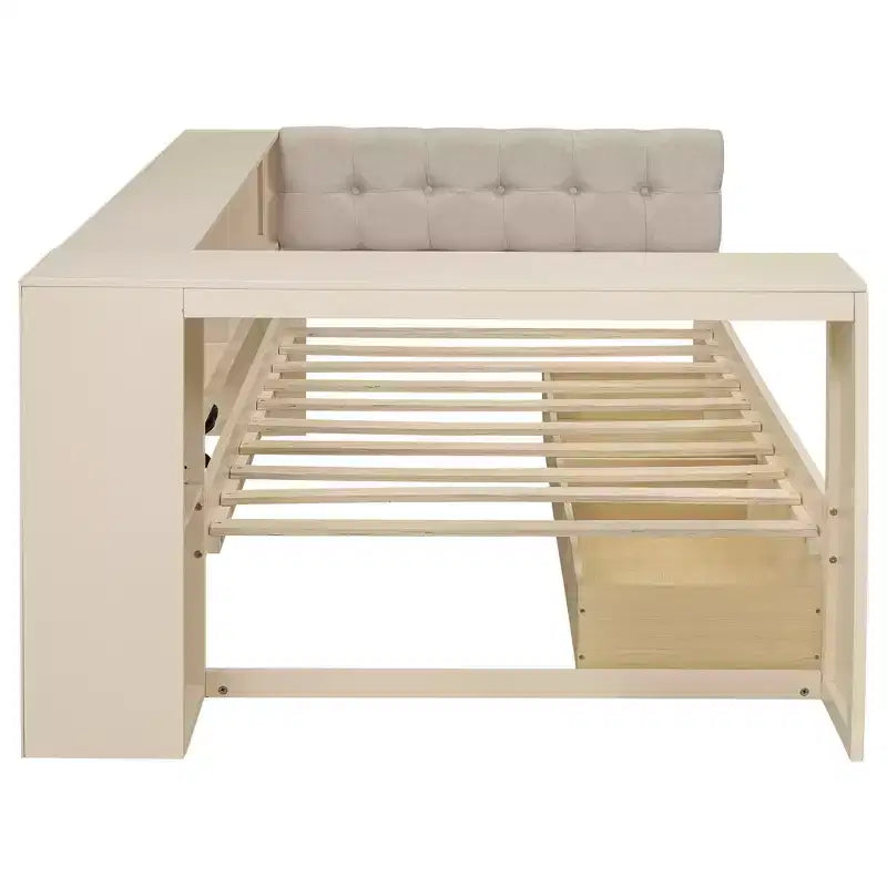 Lit plateforme double/grand avec étagères de rangement, tiroirs, station de recharge, tête de lit rembourrée et bureau – Crème/Gris
