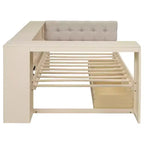 Lit plateforme double/grand avec étagères de rangement, tiroirs, station de recharge, tête de lit rembourrée et bureau – Crème/Gris
