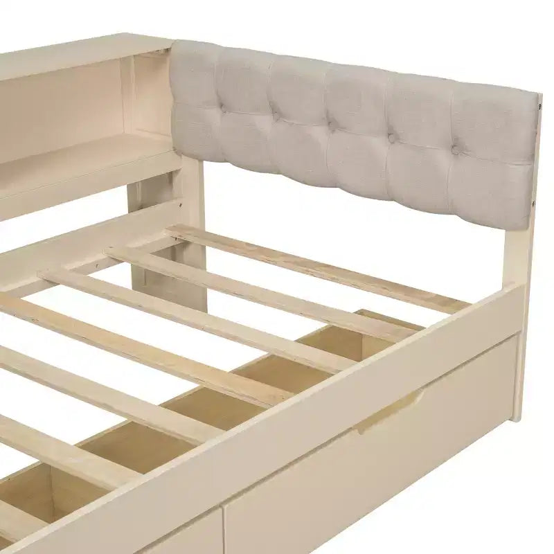 Lit plateforme double/grand avec étagères de rangement, tiroirs, station de recharge, tête de lit rembourrée et bureau – Crème/Gris