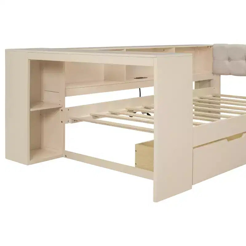 Lit plateforme double/grand avec étagères de rangement, tiroirs, station de recharge, tête de lit rembourrée et bureau – Crème/Gris
