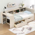 Twin/Full Size Platform Bed with Storage Shelves, Drawers, Charging Station, Upholstered Headboard and Desk, Cream/Gray-ModernLuxe