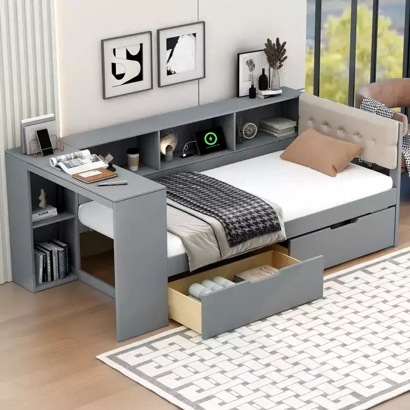 Lit plateforme double/grand avec étagères de rangement, tiroirs, station de recharge, tête de lit rembourrée et bureau – Crème/Gris