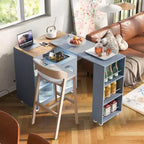 Îlot de cuisine roulant blanc sur roulettes avec compartiment de rangement à table extensible et 3 étagères latérales ouvertes pour cuisine et salle à manger