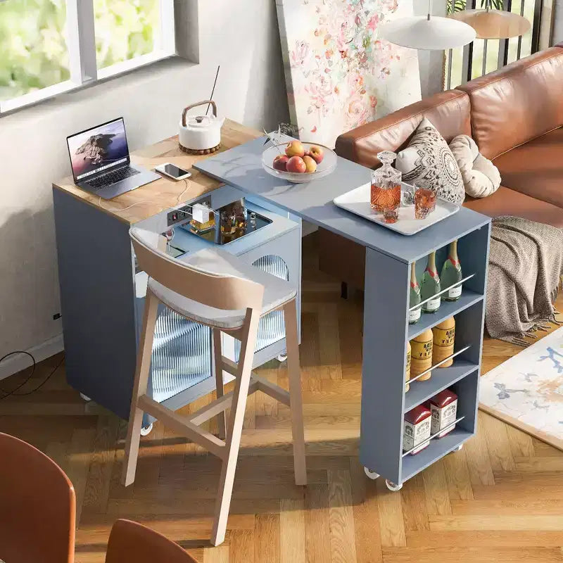 Îlot de cuisine roulant blanc sur roulettes avec compartiment de rangement à table extensible et 3 étagères latérales ouvertes pour cuisine et salle à manger