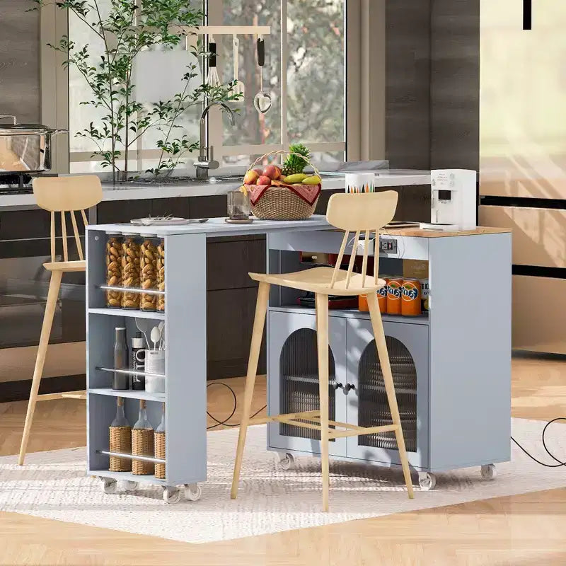 Îlot de cuisine roulant blanc sur roulettes avec compartiment de rangement à table extensible et 3 étagères latérales ouvertes pour cuisine et salle à manger