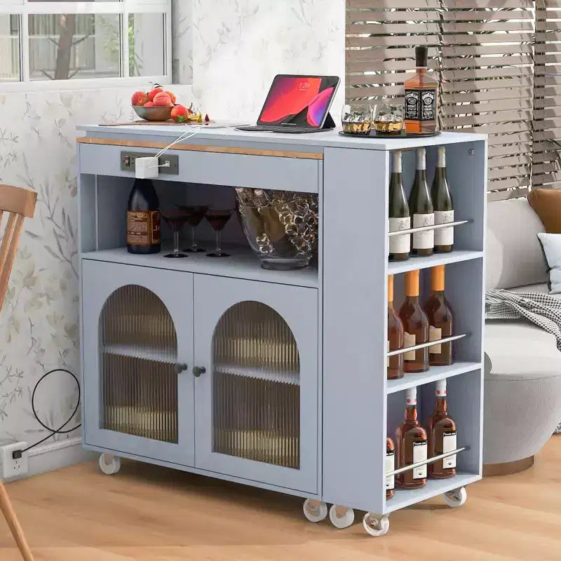 Îlot de cuisine roulant blanc sur roulettes avec compartiment de rangement à table extensible et 3 étagères latérales ouvertes pour cuisine et salle à manger