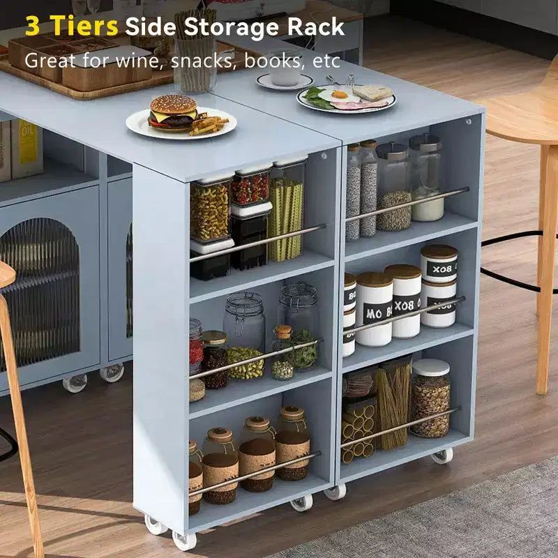 Îlot de cuisine roulant blanc sur roulettes avec compartiment de rangement à table extensible et 3 étagères latérales ouvertes pour cuisine et salle à manger