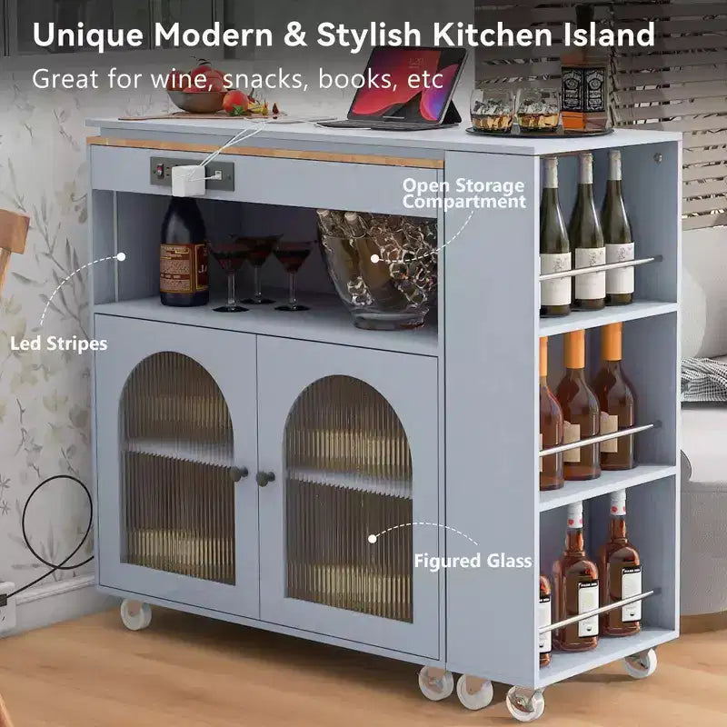 Îlot de cuisine roulant blanc sur roulettes avec compartiment de rangement à table extensible et 3 étagères latérales ouvertes pour cuisine et salle à manger