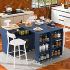 Îlot de cuisine roulant blanc sur roulettes avec compartiment de rangement à table extensible et 3 étagères latérales ouvertes pour cuisine et salle à manger