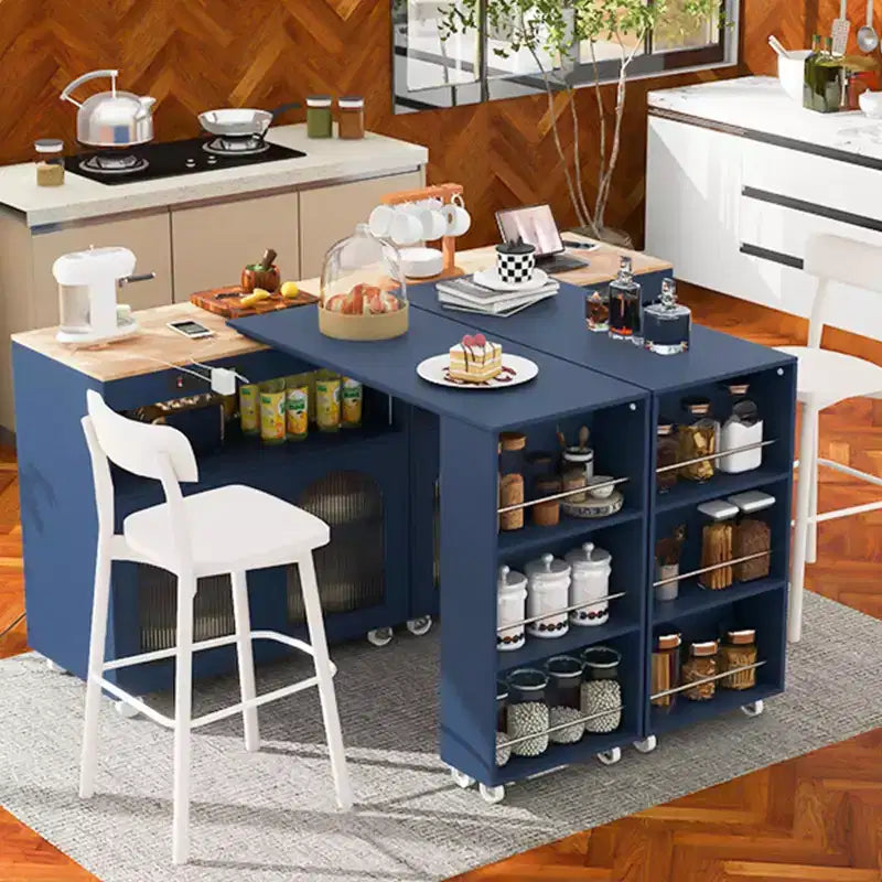 Îlot de cuisine roulant blanc sur roulettes avec compartiment de rangement à table extensible et 3 étagères latérales ouvertes pour cuisine et salle à manger