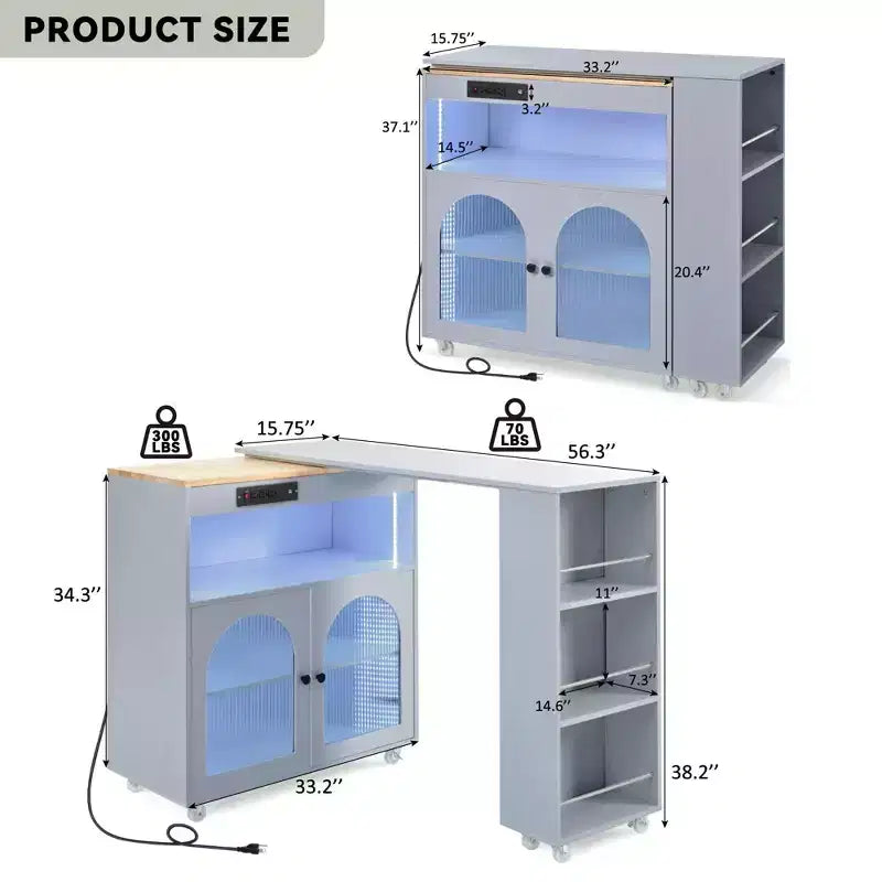 Îlot de cuisine roulant blanc sur roulettes avec compartiment de rangement à table extensible et 3 étagères latérales ouvertes pour cuisine et salle à manger