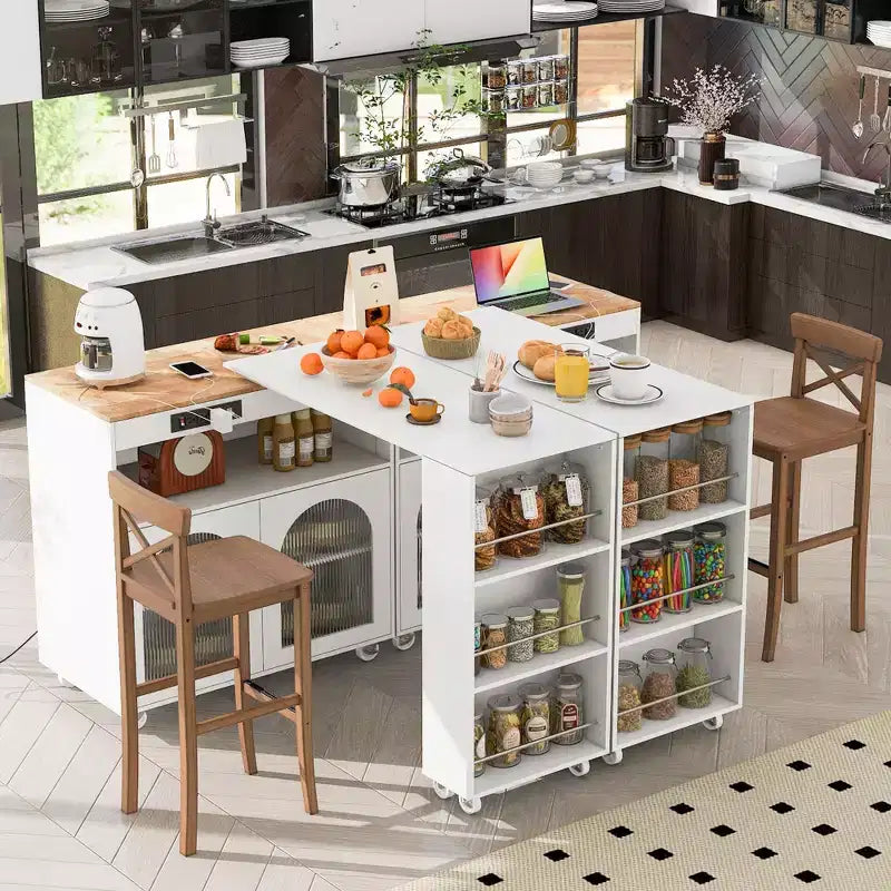 Îlot de cuisine roulant blanc sur roulettes avec compartiment de rangement à table extensible et 3 étagères latérales ouvertes pour cuisine et salle à manger