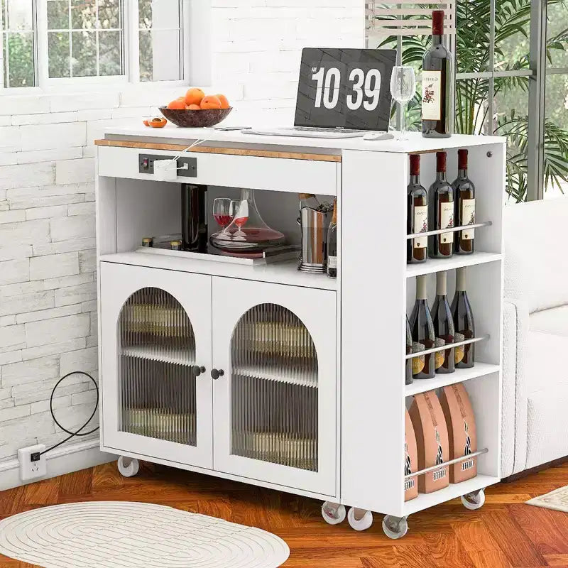 Îlot de cuisine roulant blanc sur roulettes avec compartiment de rangement à table extensible et 3 étagères latérales ouvertes pour cuisine et salle à manger