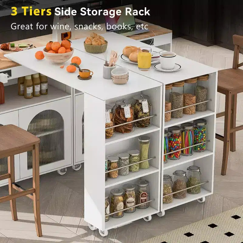 Îlot de cuisine roulant blanc sur roulettes avec compartiment de rangement à table extensible et 3 étagères latérales ouvertes pour cuisine et salle à manger