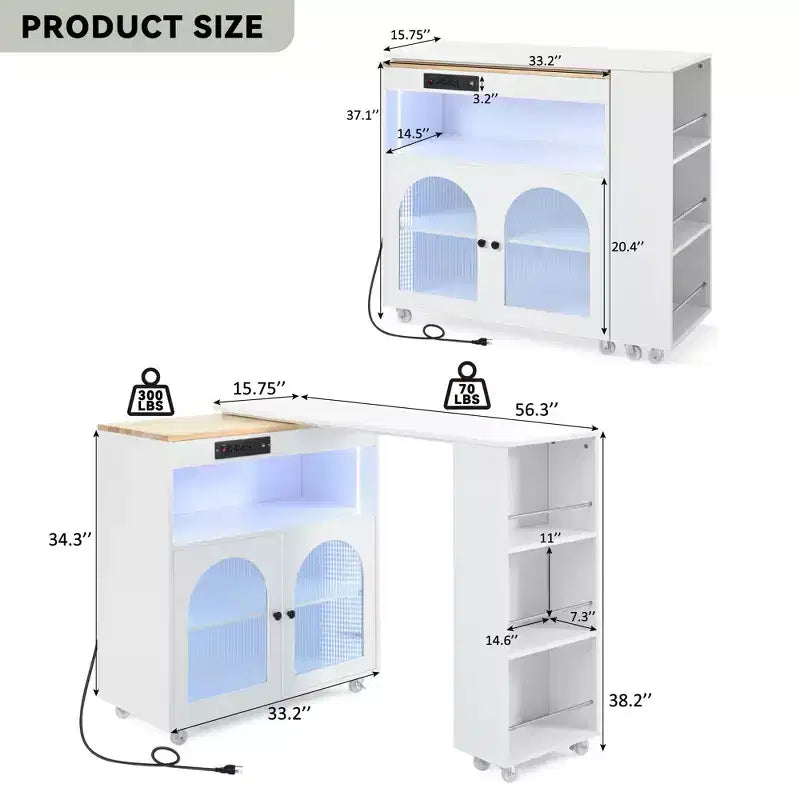 Îlot de cuisine roulant blanc sur roulettes avec compartiment de rangement à table extensible et 3 étagères latérales ouvertes pour cuisine et salle à manger
