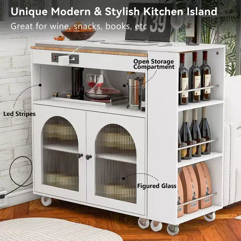 Îlot de cuisine roulant blanc sur roulettes avec compartiment de rangement à table extensible et 3 étagères latérales ouvertes pour cuisine et salle à manger