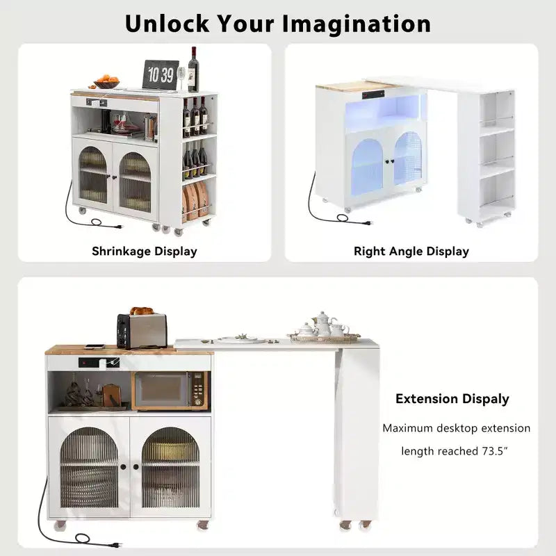 Îlot de cuisine roulant blanc sur roulettes avec compartiment de rangement à table extensible et 3 étagères latérales ouvertes pour cuisine et salle à manger