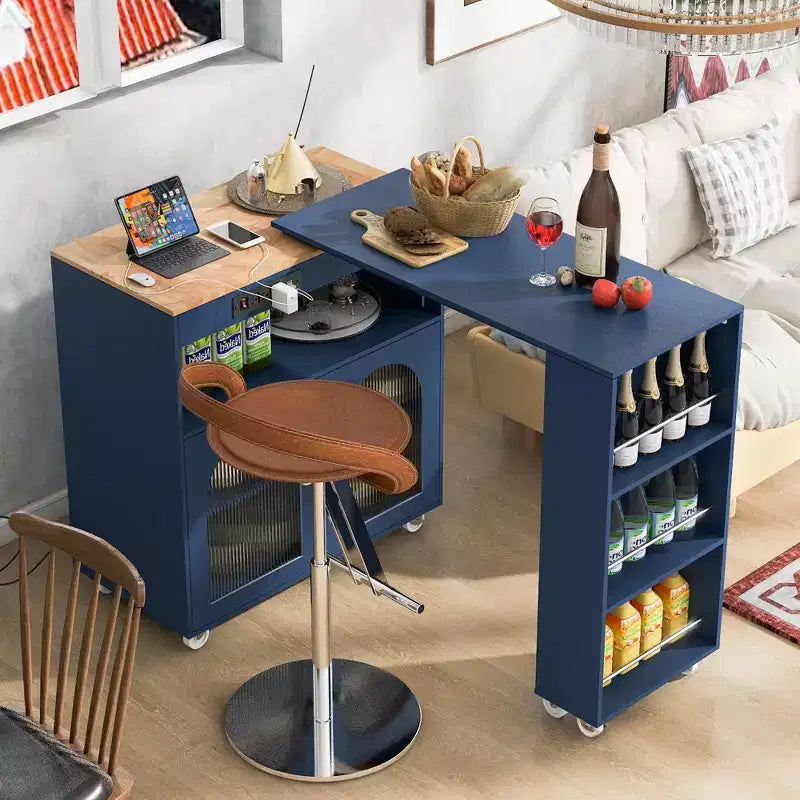 Îlot de cuisine roulant blanc sur roulettes avec compartiment de rangement à table extensible et 3 étagères latérales ouvertes pour cuisine et salle à manger