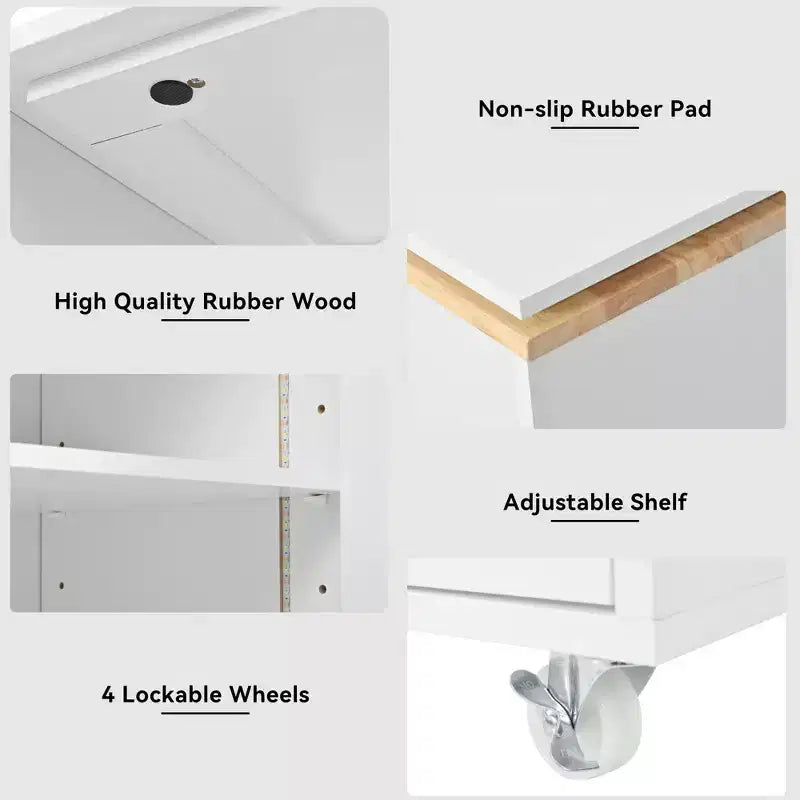 Îlot de cuisine roulant blanc sur roulettes avec compartiment de rangement à table extensible et 3 étagères latérales ouvertes pour cuisine et salle à manger