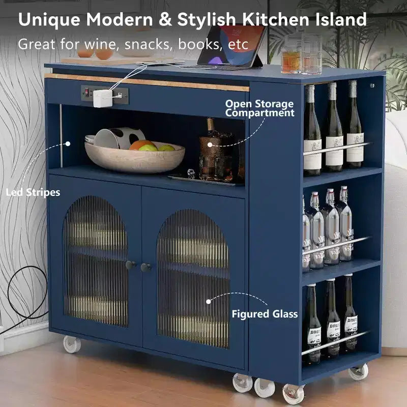 Îlot de cuisine roulant blanc sur roulettes avec compartiment de rangement à table extensible et 3 étagères latérales ouvertes pour cuisine et salle à manger