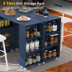Îlot de cuisine roulant blanc sur roulettes avec compartiment de rangement à table extensible et 3 étagères latérales ouvertes pour cuisine et salle à manger