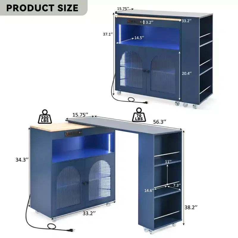 Îlot de cuisine roulant blanc sur roulettes avec compartiment de rangement à table extensible et 3 étagères latérales ouvertes pour cuisine et salle à manger