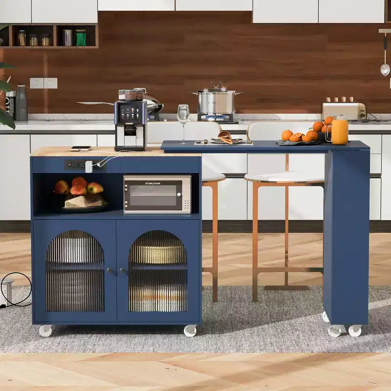 Îlot de cuisine roulant blanc sur roulettes avec compartiment de rangement à table extensible et 3 étagères latérales ouvertes pour cuisine et salle à manger