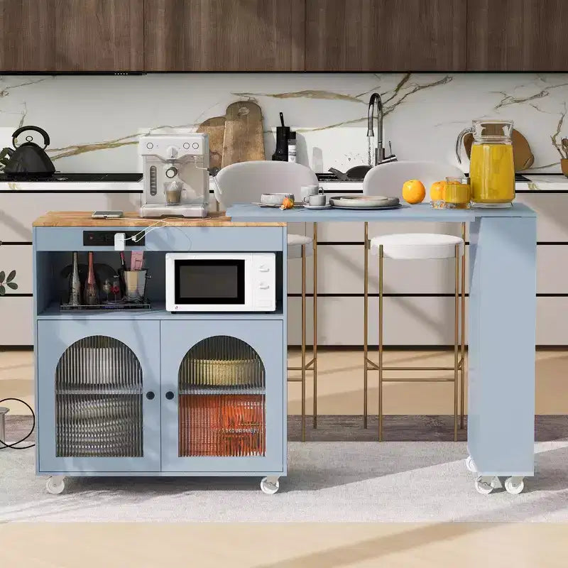 Îlot de cuisine roulant blanc sur roulettes avec compartiment de rangement à table extensible et 3 étagères latérales ouvertes pour cuisine et salle à manger